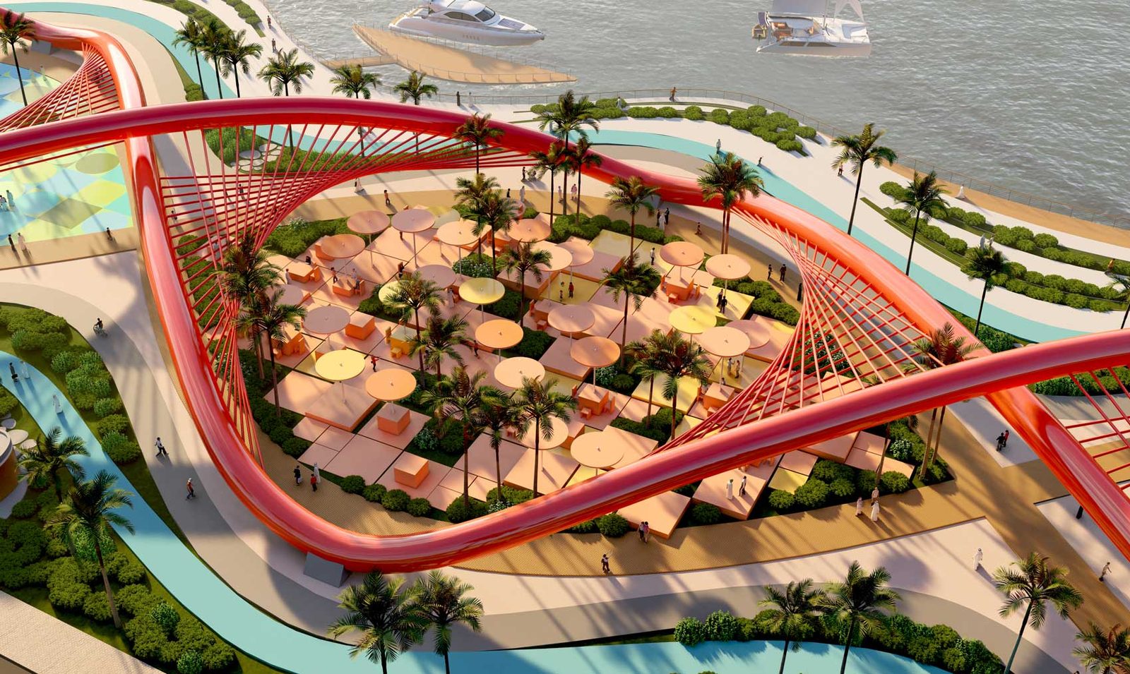Visualisation of a shaded plaza of parasols beneath the red structure at the water's edge.