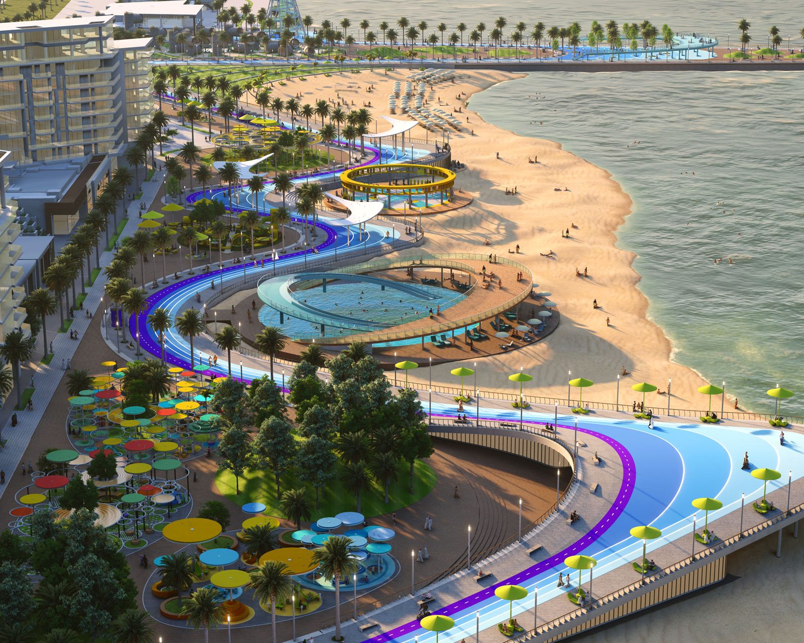 Visualisation looking along the beach with the blue path threading between planting and lounge terraces.