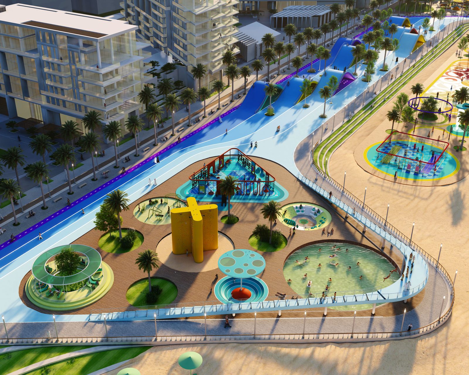 Visualisation of a triangular water-play platform set where the promenade meets the beach.