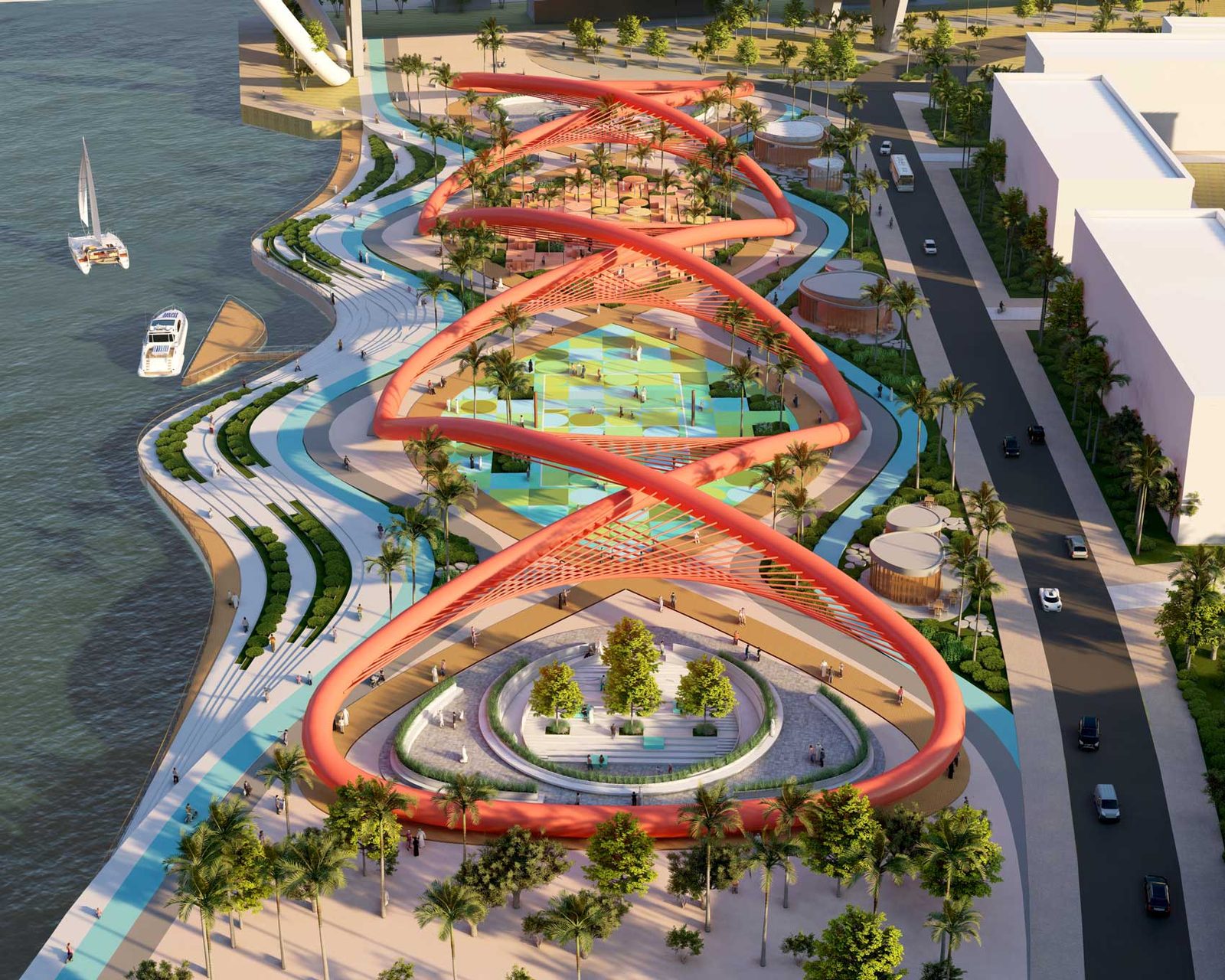 Aerial visualisation of the red loops threading between the water, planting and the adjacent road.