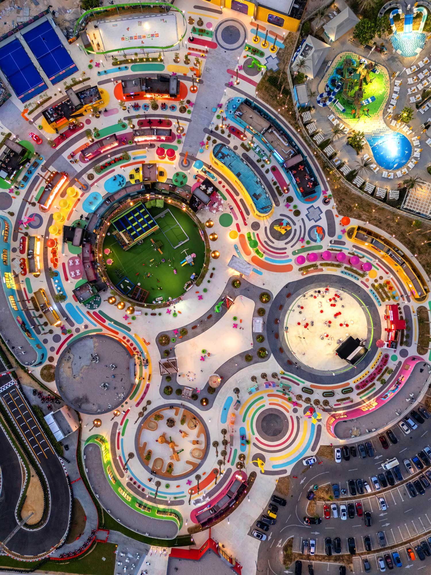 Overhead view of the circular hearts of the plan, including the green event lawn.