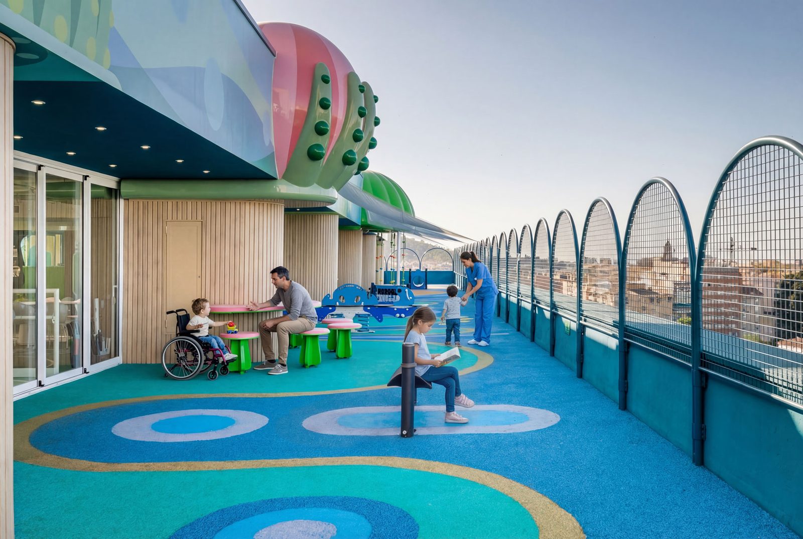 The terrace with arched screens open to the city view, a child in a wheelchair at a low table with others.