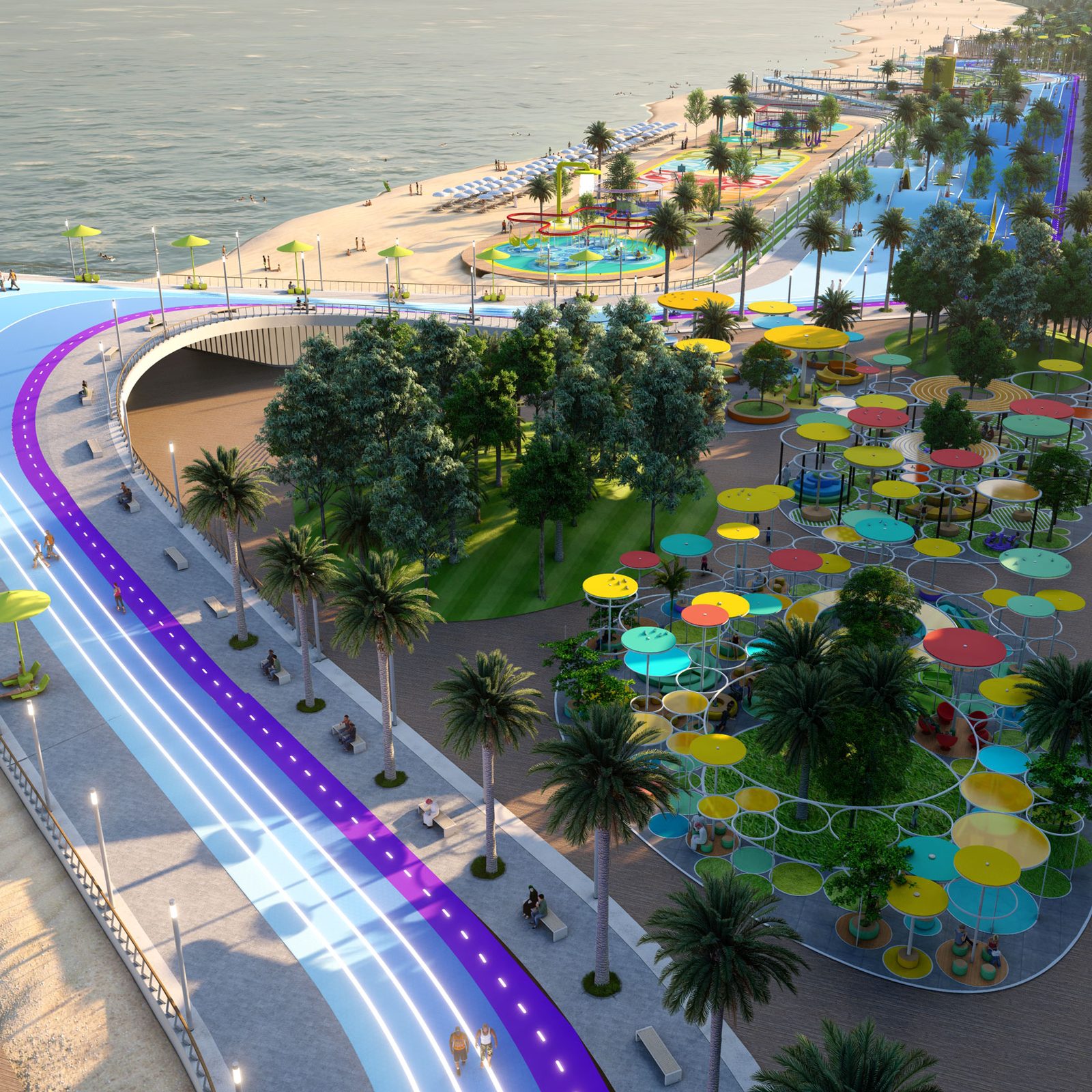 Visualisation of a raised deck beneath which the blue path continues, with palms and clustered parasols above.
