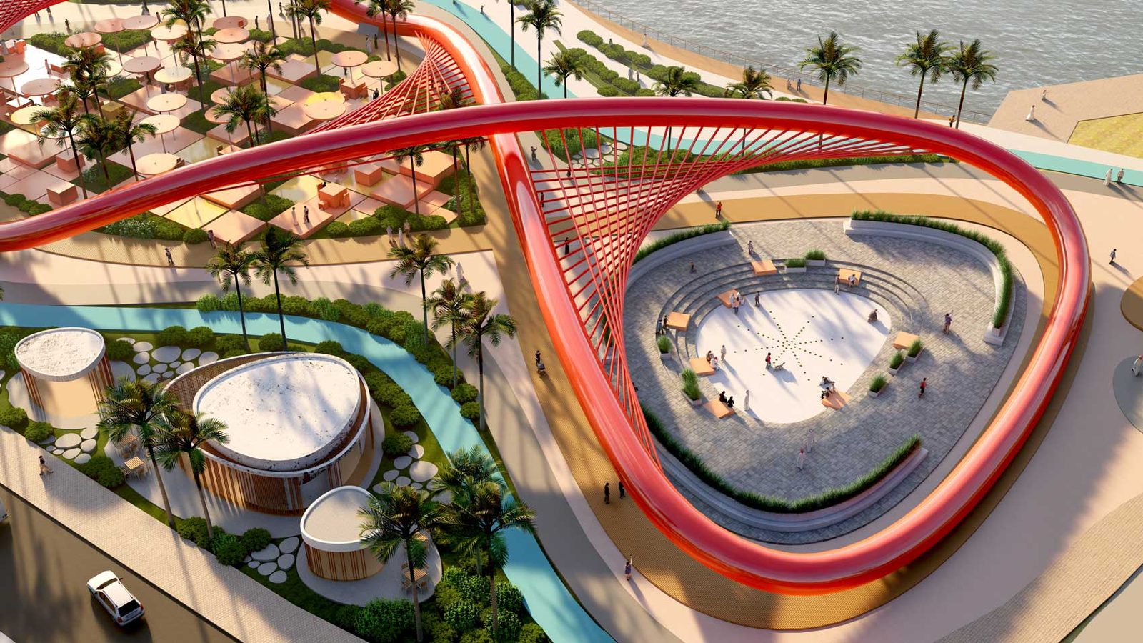 Visualisation of a sunken circular arena enclosed by the red loop and netting.