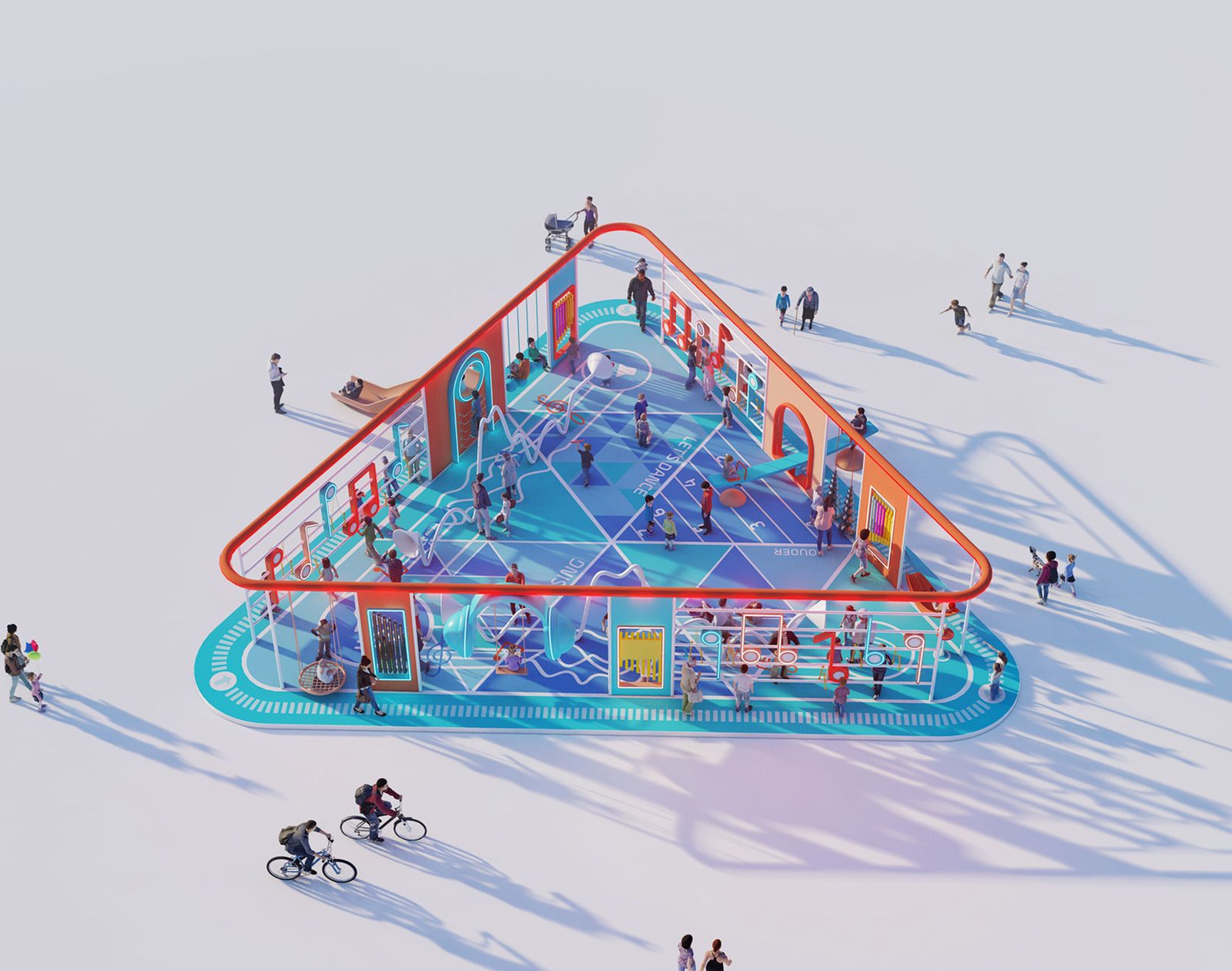 Visualisation of a triangular elevated red pipe over a blue deck carrying music and play elements.