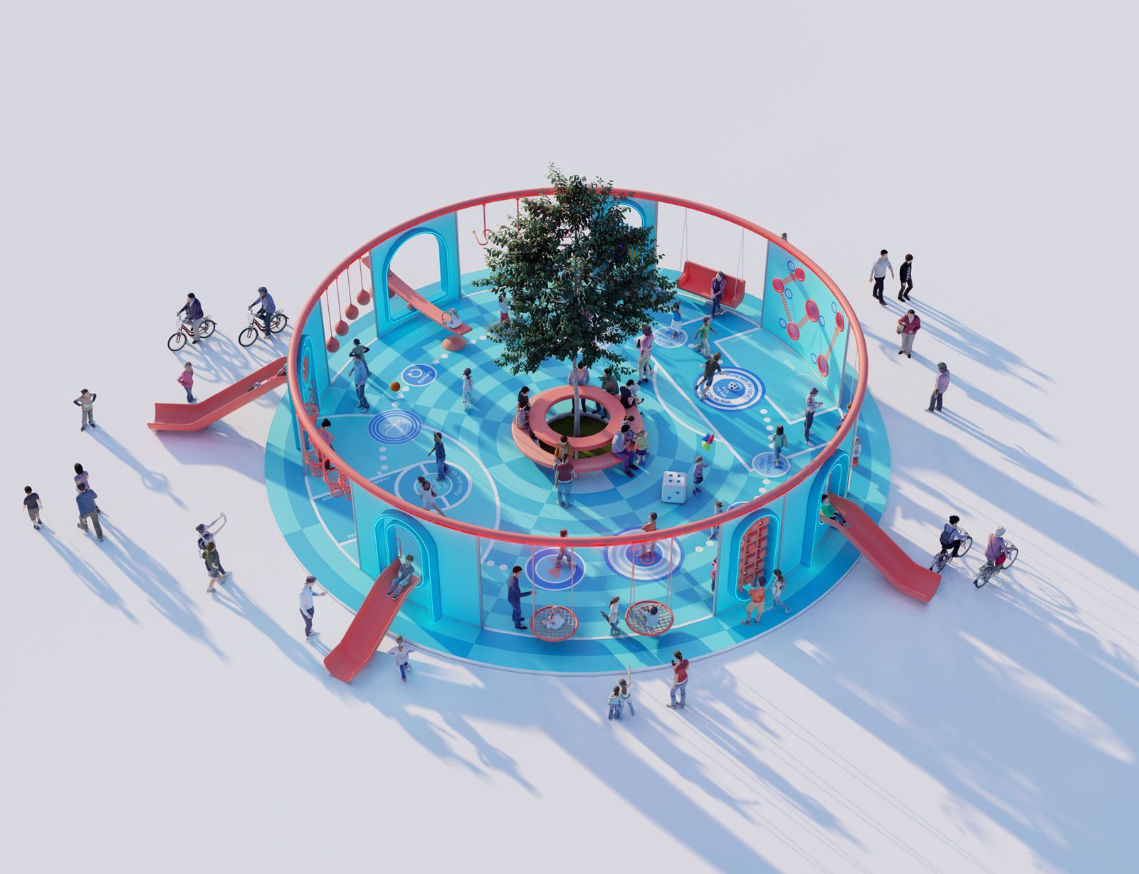 Visualisation of a circular elevated red pipe enclosing a blue play deck with a tree at its centre and people around it.