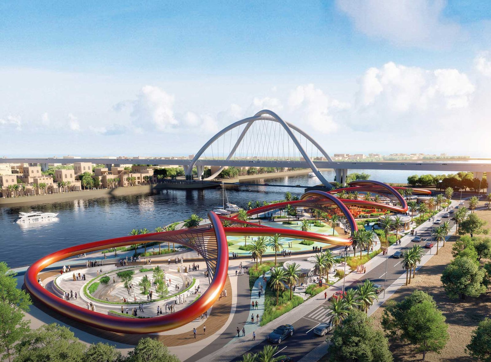 Visualisation of the looping red structure along Dubai Creek, with the Infinity Bridge behind it.