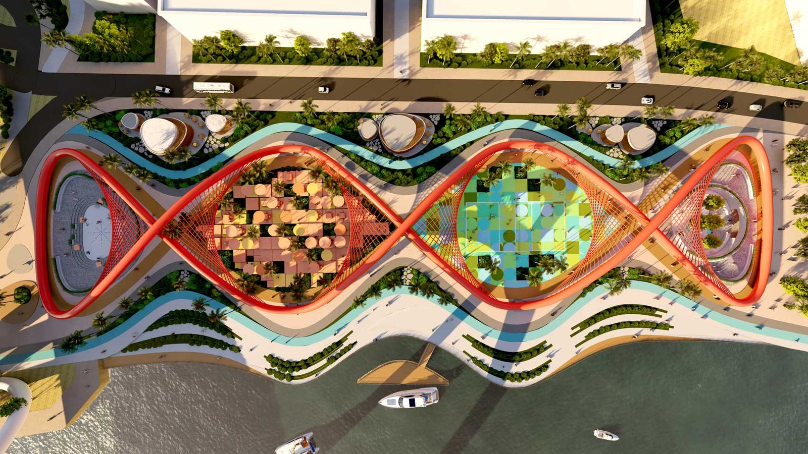 Visualisation of the pixelated playground surface set inside the red framework beside the creek.