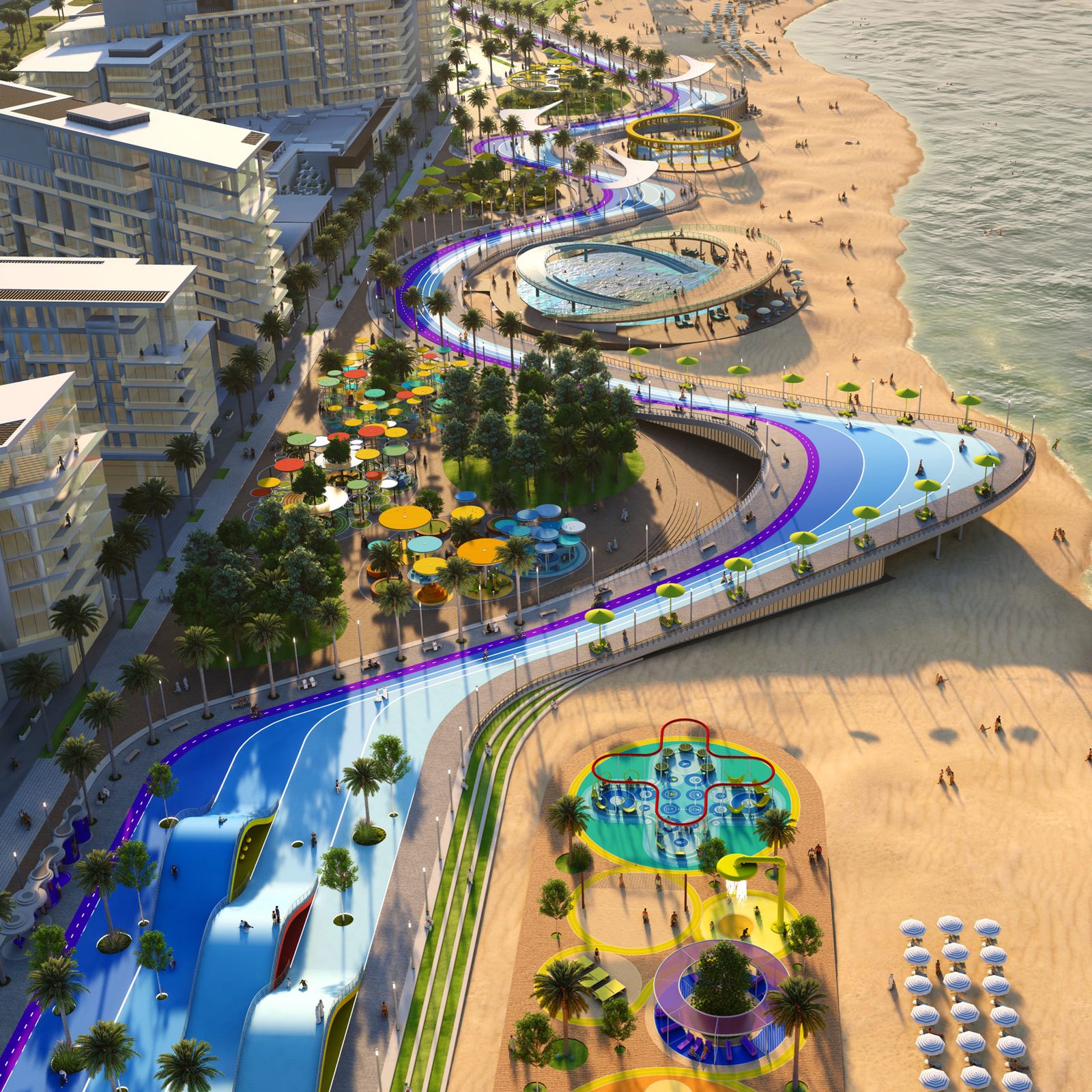 Visualisation of the promenade widening into a shaded plaza with pools and coloured parasols beside the sand.