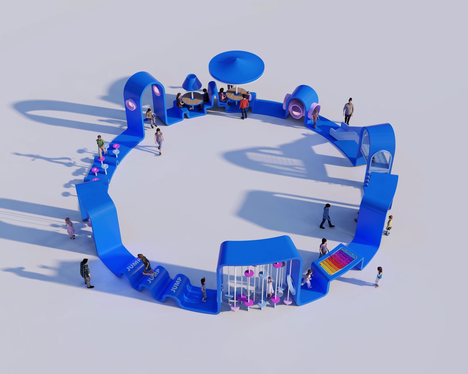Visualisation of the blue ring-shaped King's Ring play structure with slides, nets and seating around its perimeter.