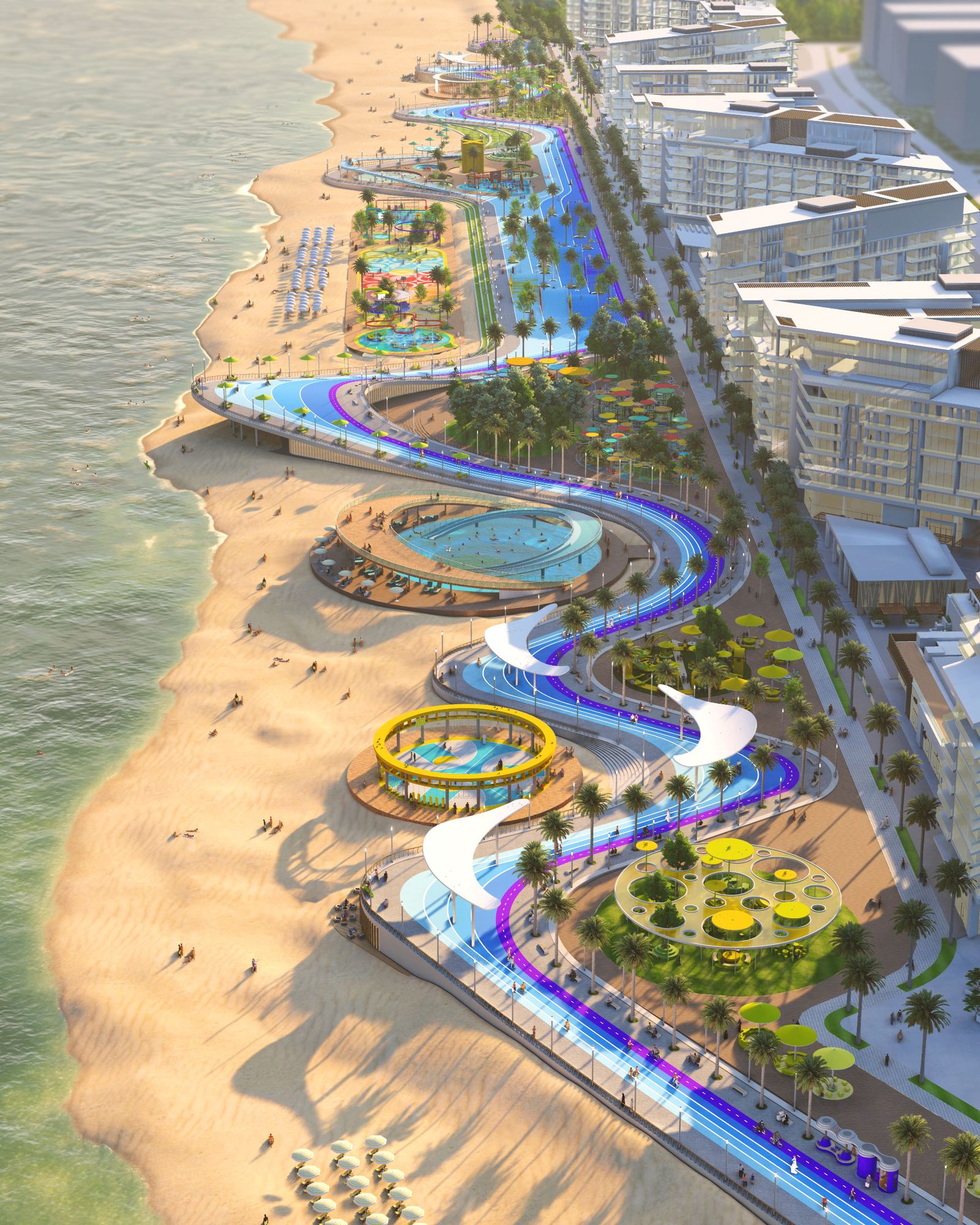 Visualisation of the blue undulating promenade curving along the beach in front of white waterfront buildings.