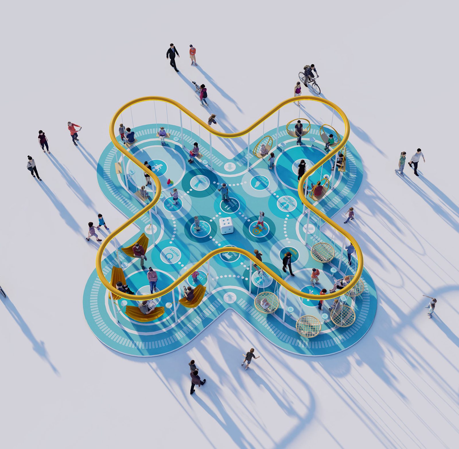 Visualisation of a cross-shaped elevated yellow pipe above a blue lounge deck with seating and people.